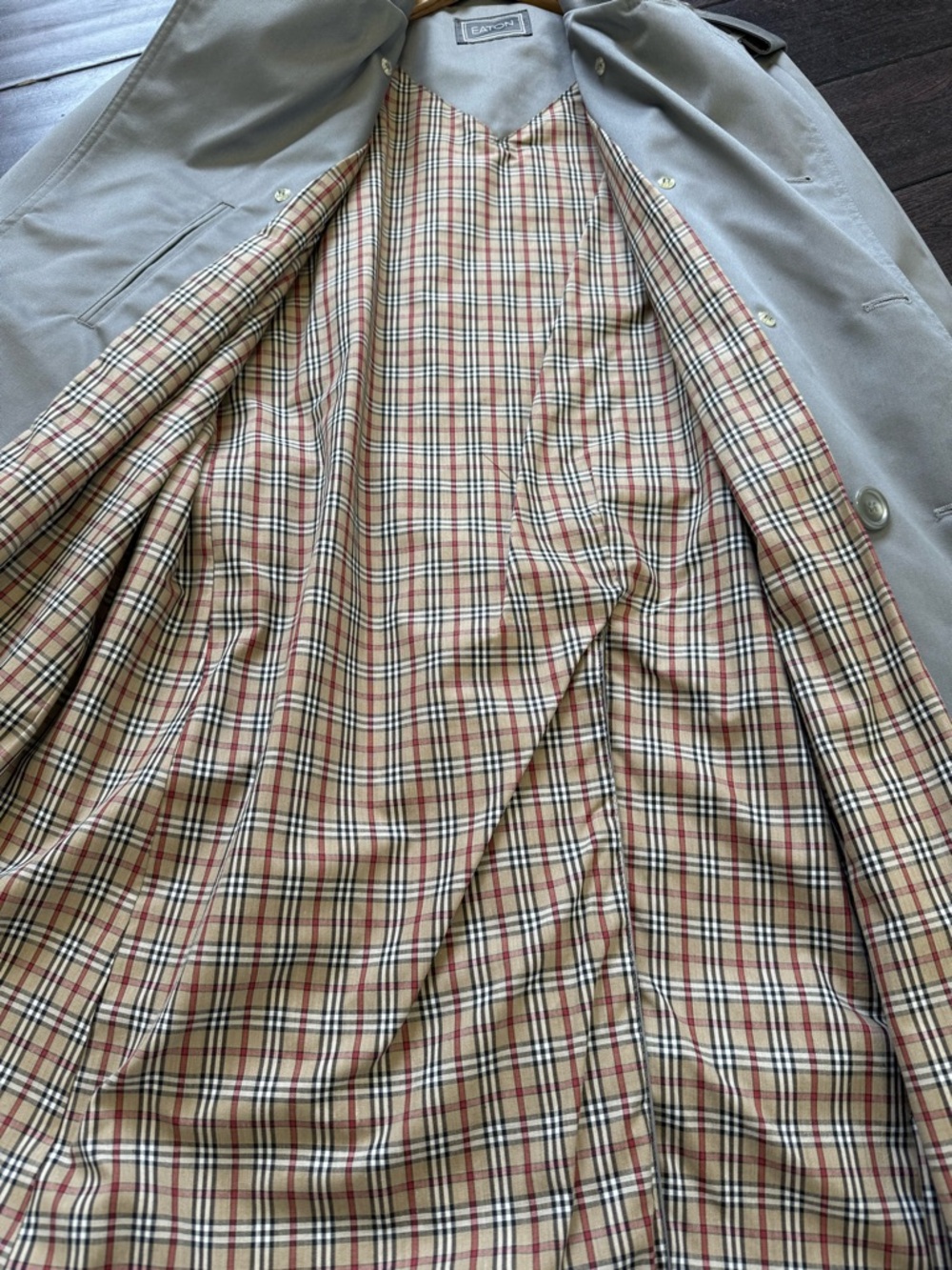Eaton Vintage Grey Trench Coat - Classic Double-Breasted with Plaid Lining - Picture 5 of 11
